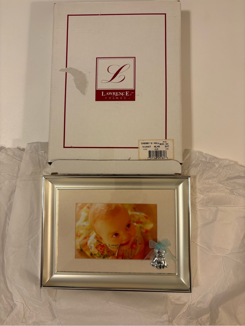 Silver Picture Frame with Blue Ribbon Accent